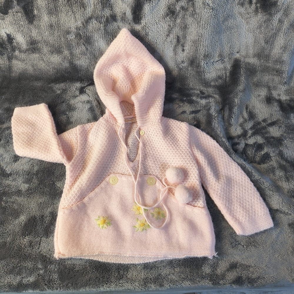 Adorable Renzo Import Pink Knit Baby Hoodie Vintage 80s 12-18 Months